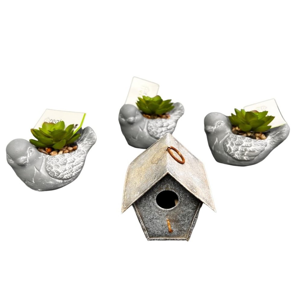 Stone Bird Planters Faux Succulent Lot 3 Metal Birdhouse Tier Tray Decor NWT